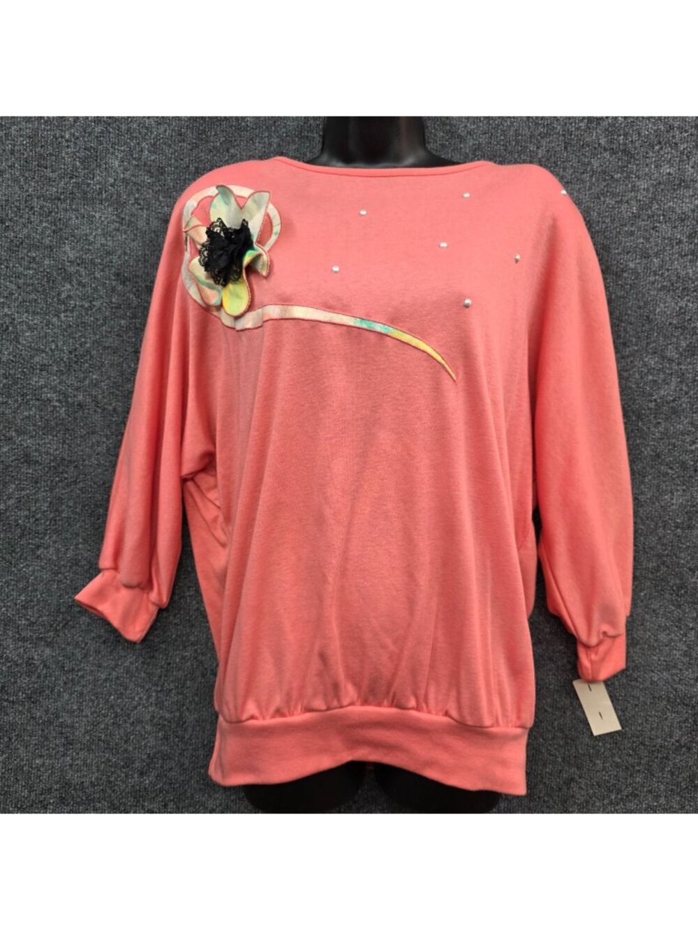 Vintage 80 HMJ Slouchy Top M Coral USA Embellished Retro Cottagecore Rockabilly